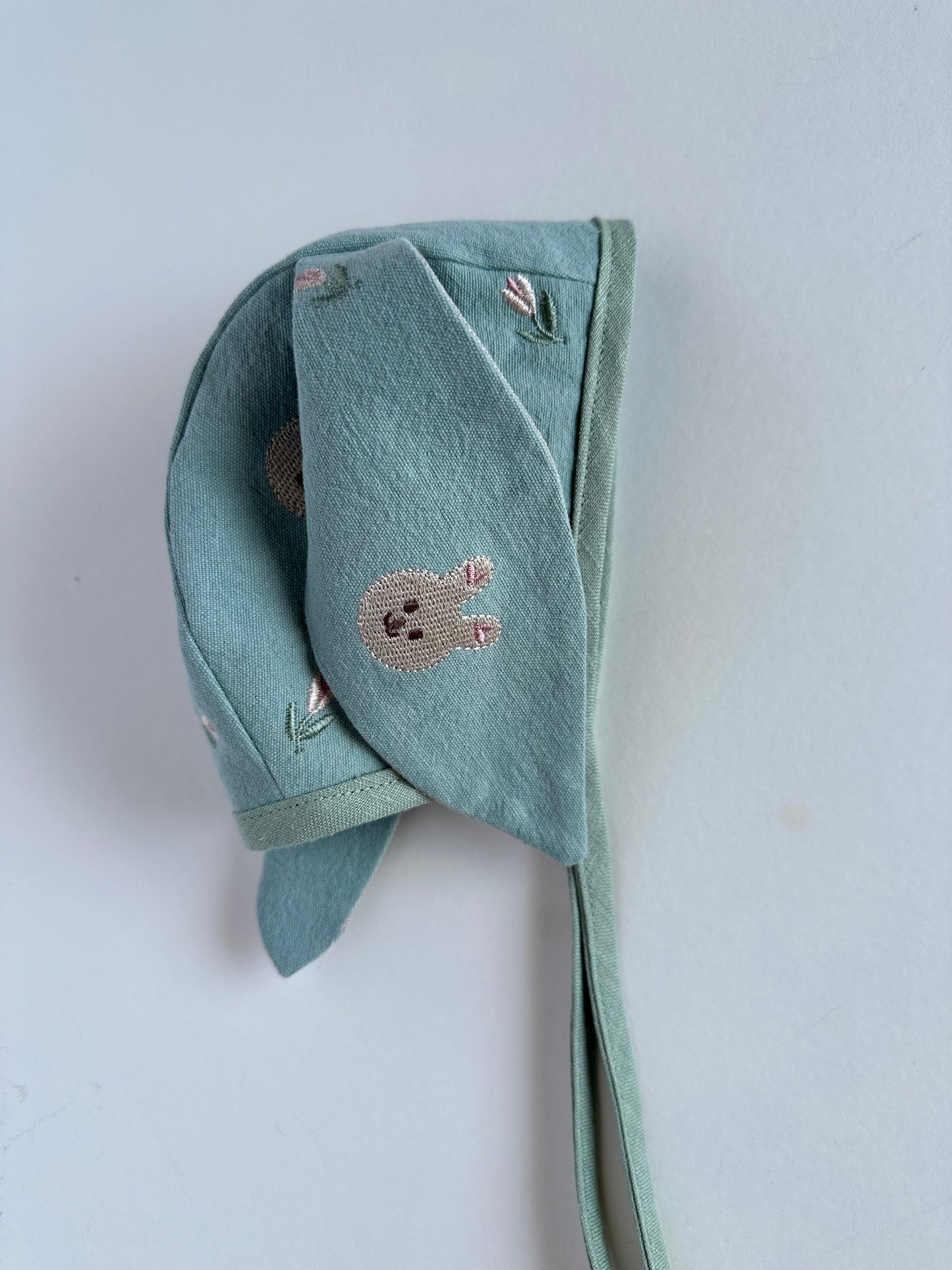 Blue Embroidered Bunny Ear Bonnet
