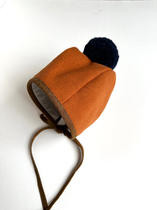 Spice Wool Pom Bonnet RTS size 18-24months